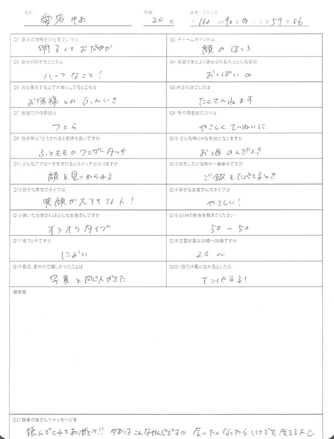 愛宕ゆあちゃん直筆のアンケートシート
